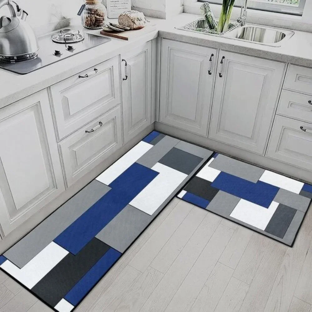 New Set of 2, Checked Black Grey Navy Mats, Rustic Minimalist Runner Rugs